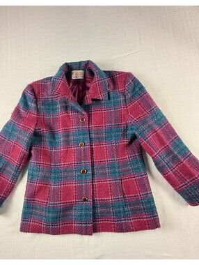 Vintage Pendleton Womens Wool Jacket Pink Plaid Petite 12 USA Virgin Wool Coat